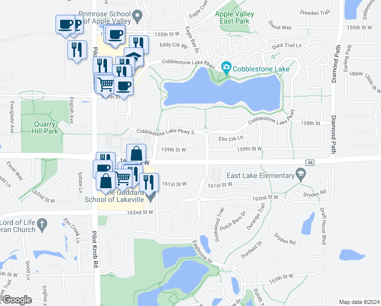 map of restaurants, bars, coffee shops, grocery stores, and more near 5106 159th Street West in Apple Valley