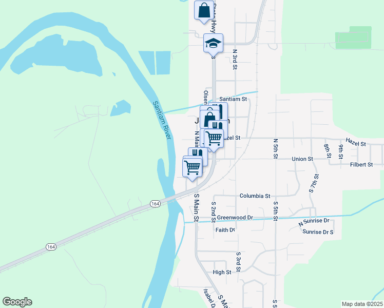 map of restaurants, bars, coffee shops, grocery stores, and more near 114 North Main Street in Aumsville