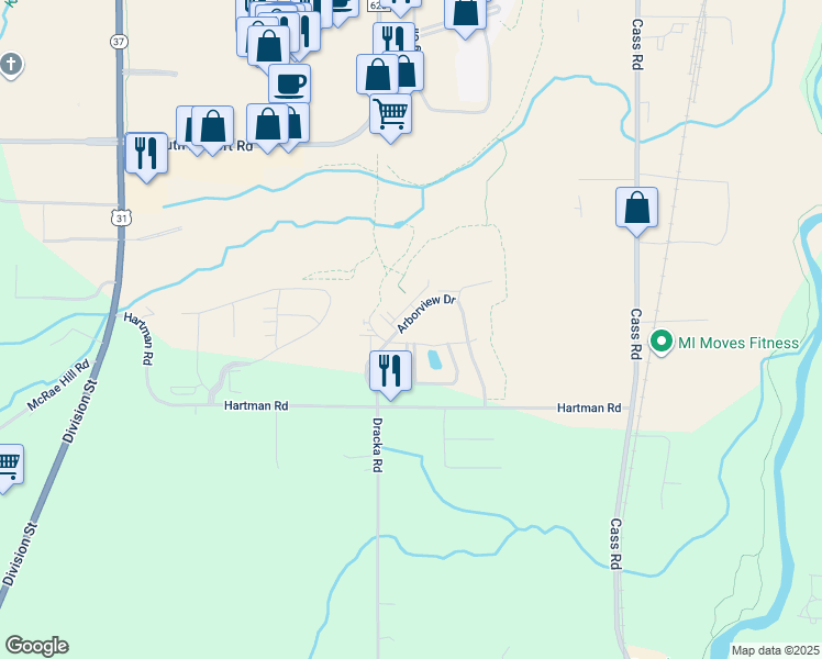 map of restaurants, bars, coffee shops, grocery stores, and more near 2955 Leggett Drive in Traverse City