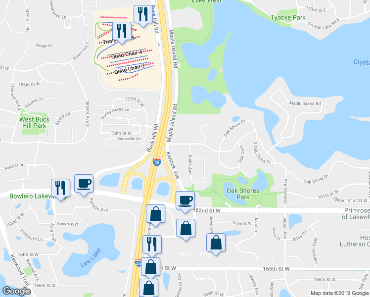 map of restaurants, bars, coffee shops, grocery stores, and more near 21 Maple Island Road in Burnsville