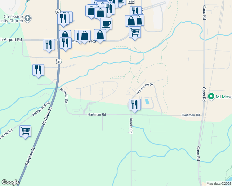 map of restaurants, bars, coffee shops, grocery stores, and more near Chelsea Park Place in Traverse City
