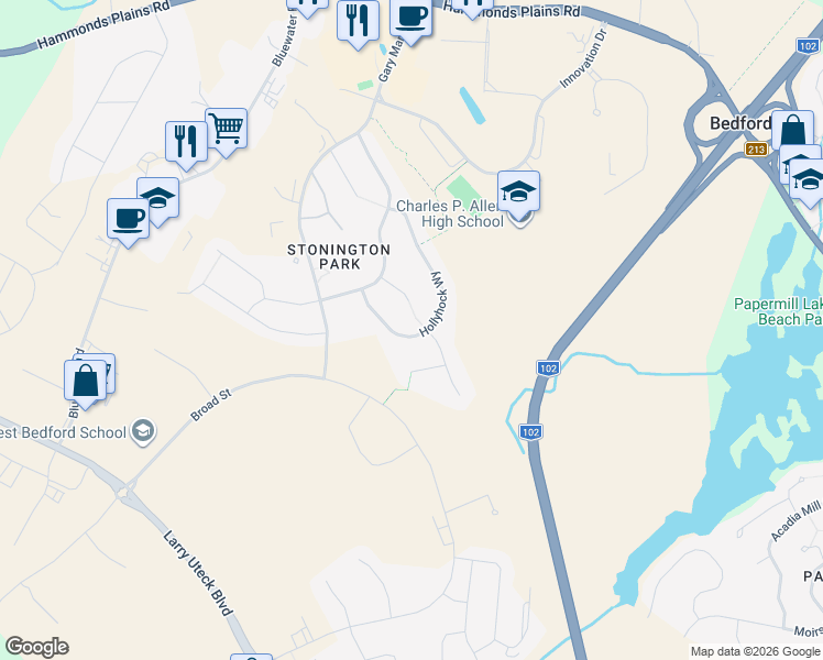 map of restaurants, bars, coffee shops, grocery stores, and more near 163 Hollyhock Way in Bedford