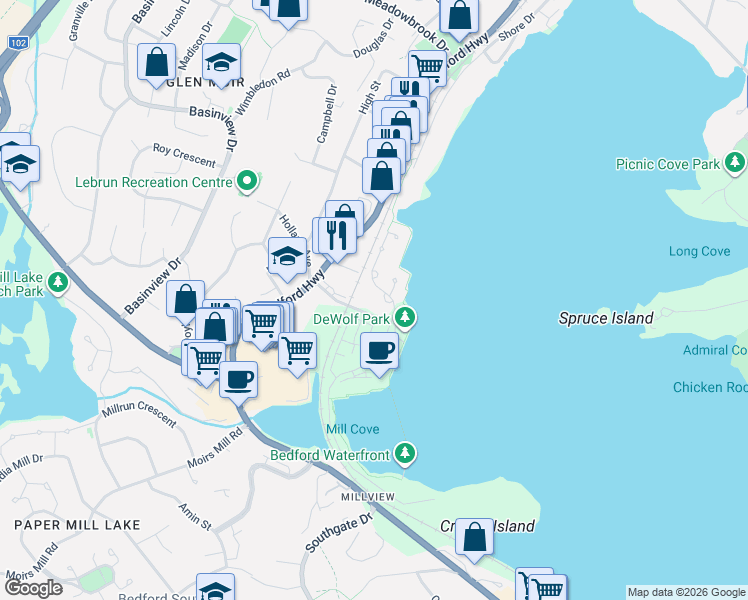 map of restaurants, bars, coffee shops, grocery stores, and more near 89 Waterfront Drive in Bedford