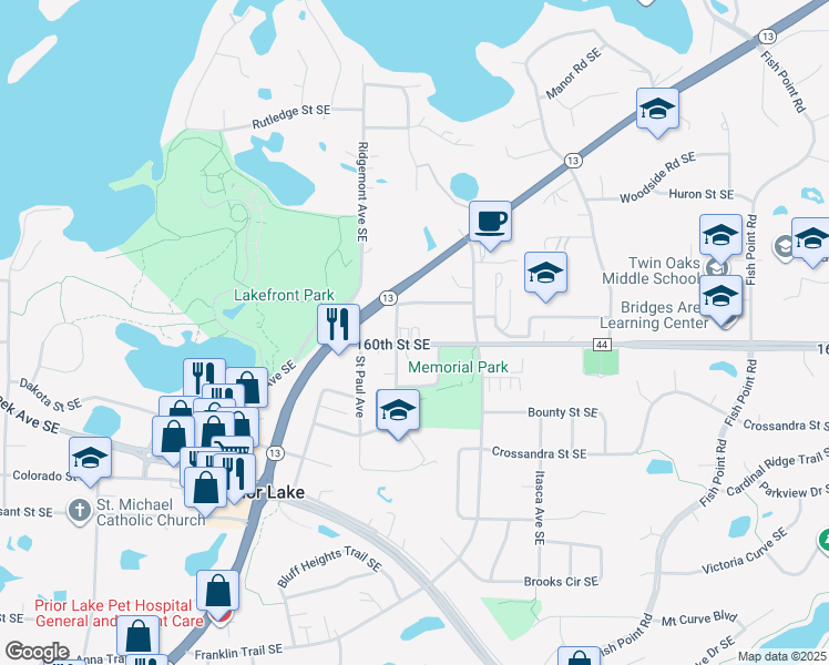 map of restaurants, bars, coffee shops, grocery stores, and more near 5119 Gateway Street Southeast in Prior Lake