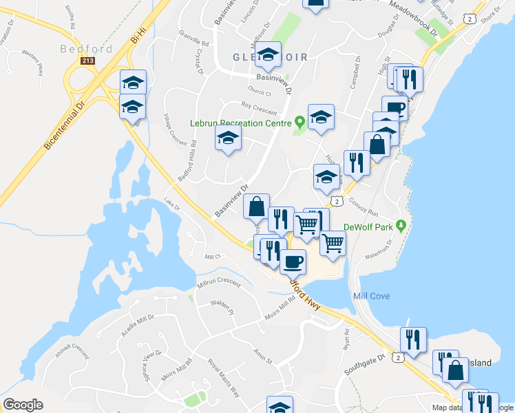 map of restaurants, bars, coffee shops, grocery stores, and more near 48 Doyle Street in Bedford