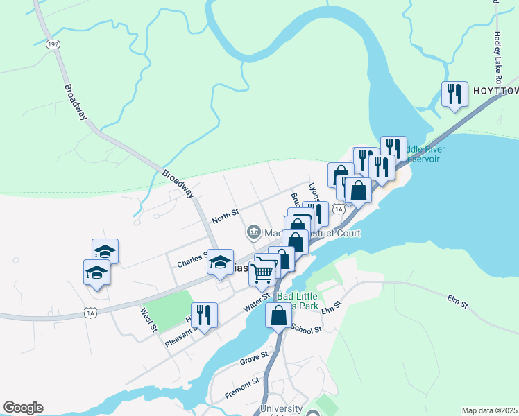map of restaurants, bars, coffee shops, grocery stores, and more near 44 Center Street in Machias