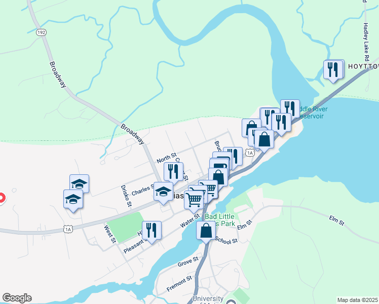 map of restaurants, bars, coffee shops, grocery stores, and more near 44 Center Street in Machias