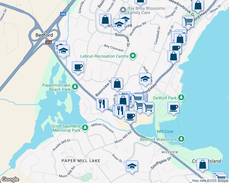 map of restaurants, bars, coffee shops, grocery stores, and more near 48 Doyle Street in Bedford