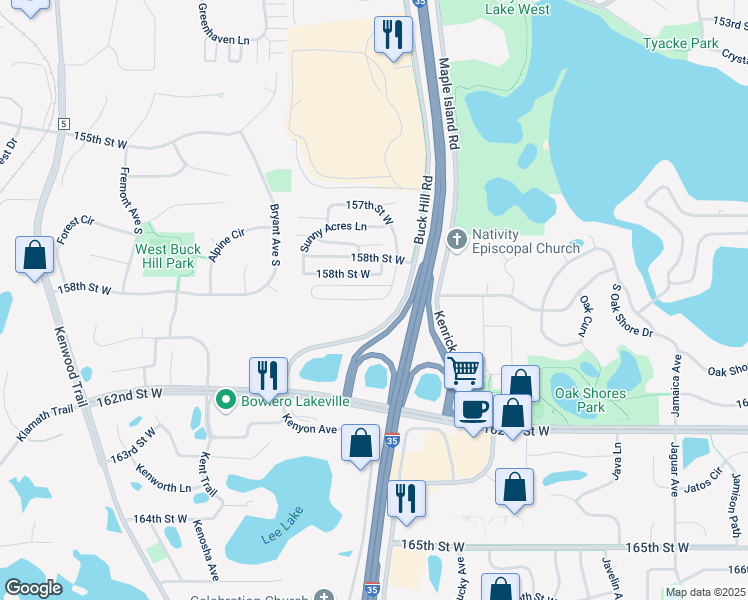 map of restaurants, bars, coffee shops, grocery stores, and more near Burnsville Circle in Burnsville