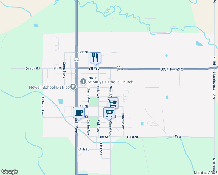 map of restaurants, bars, coffee shops, grocery stores, and more near 114 6th Street in Newell