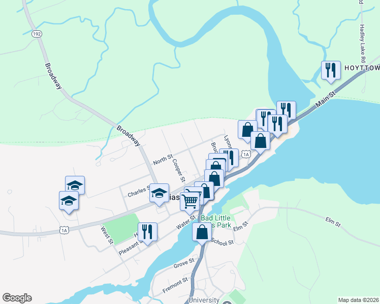 map of restaurants, bars, coffee shops, grocery stores, and more near 44 Center Street in Machias