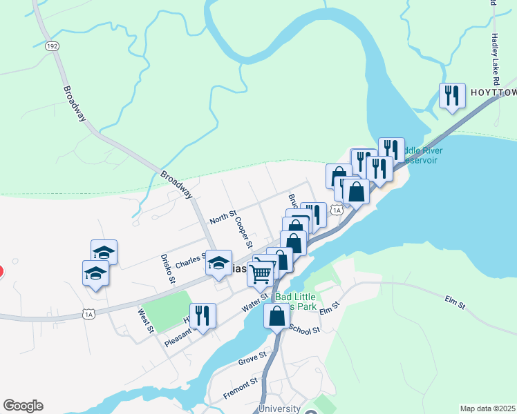 map of restaurants, bars, coffee shops, grocery stores, and more near 44 Center Street in Machias