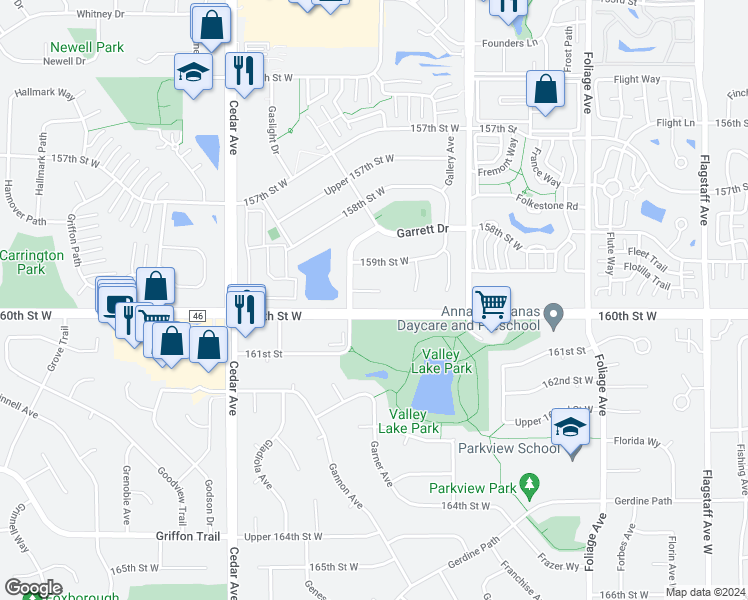 map of restaurants, bars, coffee shops, grocery stores, and more near 15976 Garrett Court in Apple Valley