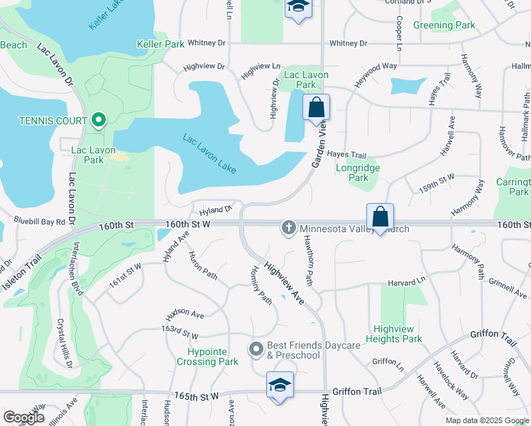map of restaurants, bars, coffee shops, grocery stores, and more near 15954 Garden View Drive in Apple Valley