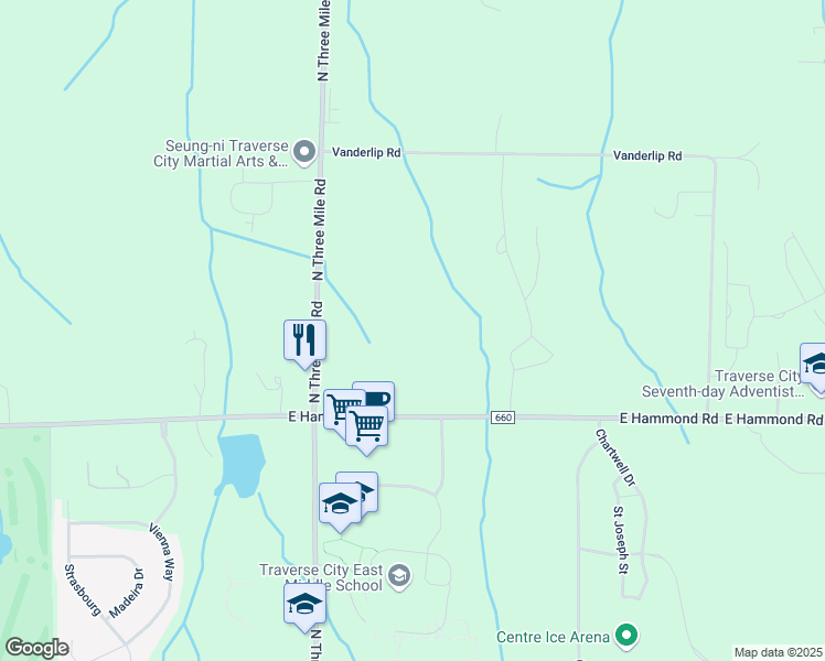 map of restaurants, bars, coffee shops, grocery stores, and more near 1245 East Hammond Road in Traverse City