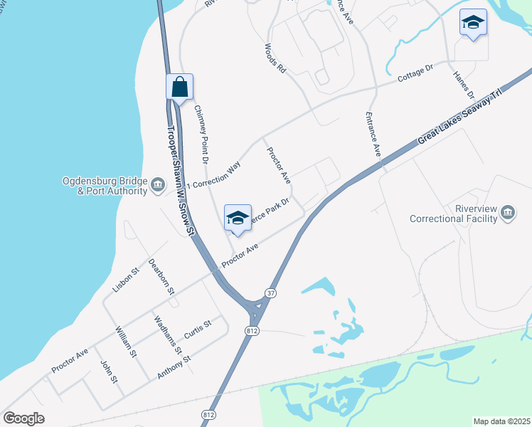 map of restaurants, bars, coffee shops, grocery stores, and more near 808 Commerce Park Drive in Ogdensburg