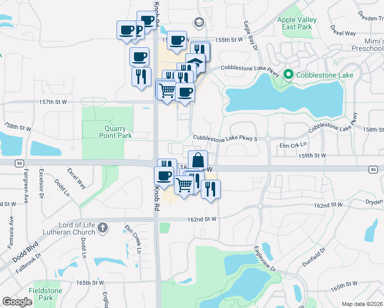 map of restaurants, bars, coffee shops, grocery stores, and more near 15899 Elmhurst Lane in Apple Valley