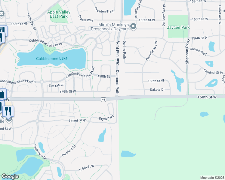 map of restaurants, bars, coffee shops, grocery stores, and more near 15834 Drawstone Trail in Apple Valley