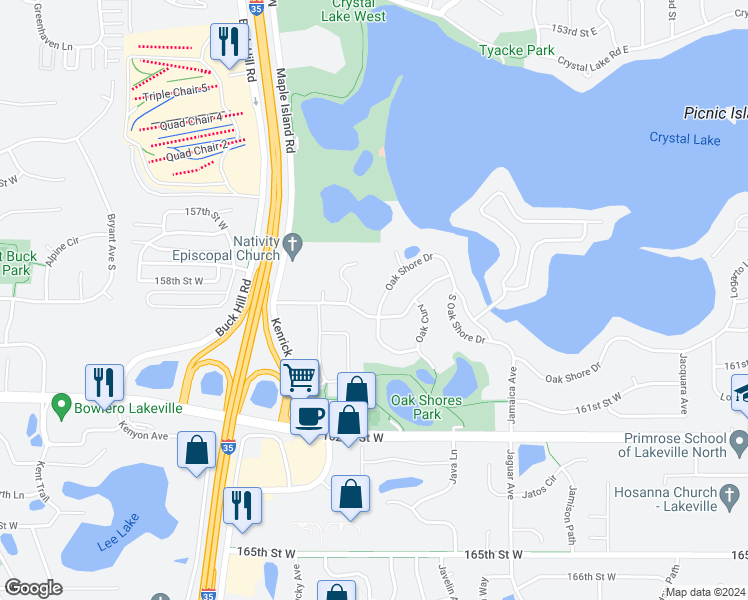 map of restaurants, bars, coffee shops, grocery stores, and more near 12 Oak Shore Drive in Burnsville