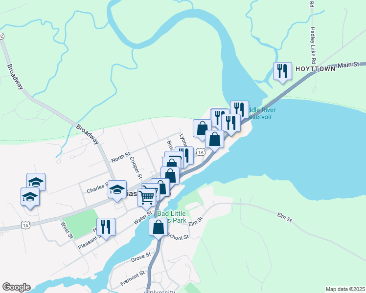 map of restaurants, bars, coffee shops, grocery stores, and more near 7 Bruce Street in Machias
