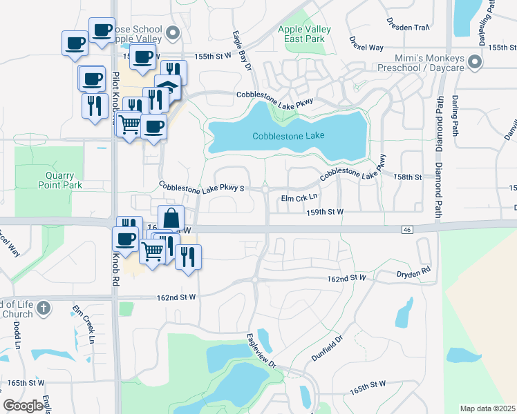 map of restaurants, bars, coffee shops, grocery stores, and more near 15854 Elmwood Lane in Saint Paul