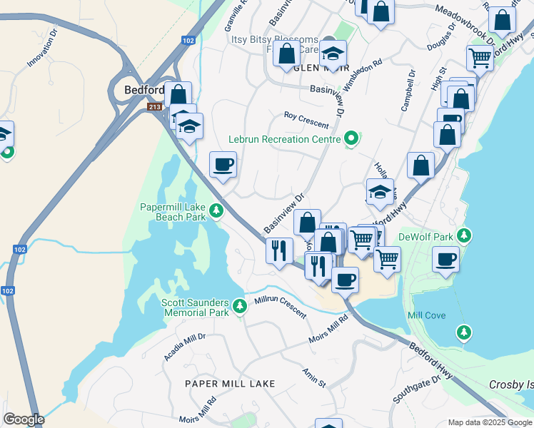 map of restaurants, bars, coffee shops, grocery stores, and more near 18 Basinview Drive in Bedford