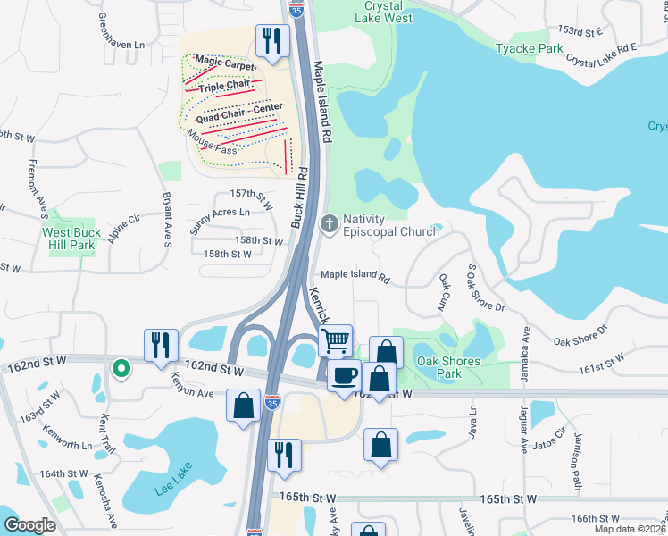 map of restaurants, bars, coffee shops, grocery stores, and more near 44 Maple Island Road in Burnsville