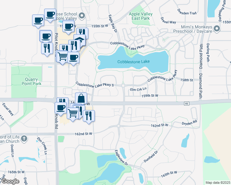 map of restaurants, bars, coffee shops, grocery stores, and more near 15854 Elmwood Lane in Saint Paul