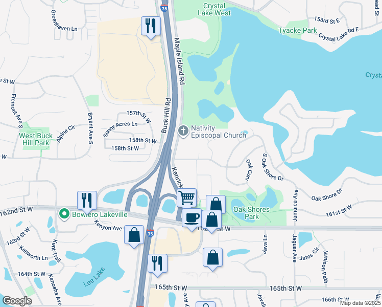 map of restaurants, bars, coffee shops, grocery stores, and more near 34 Maple Island Road in Burnsville