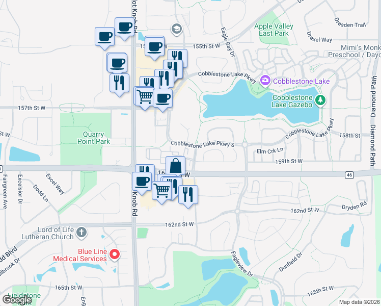 map of restaurants, bars, coffee shops, grocery stores, and more near 15899 Elmhurst Lane in Apple Valley