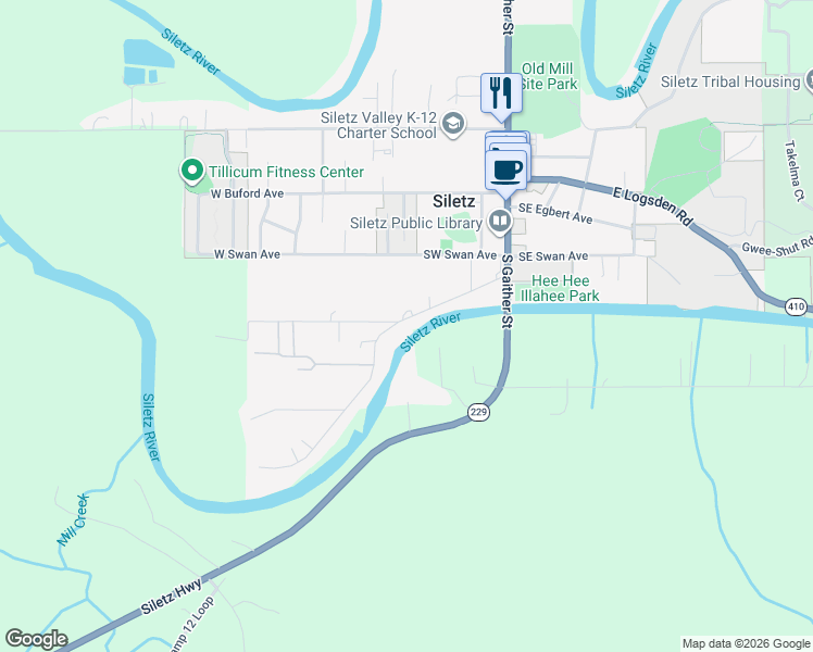 map of restaurants, bars, coffee shops, grocery stores, and more near 384-386 Siletz River Drive Southwest in Siletz