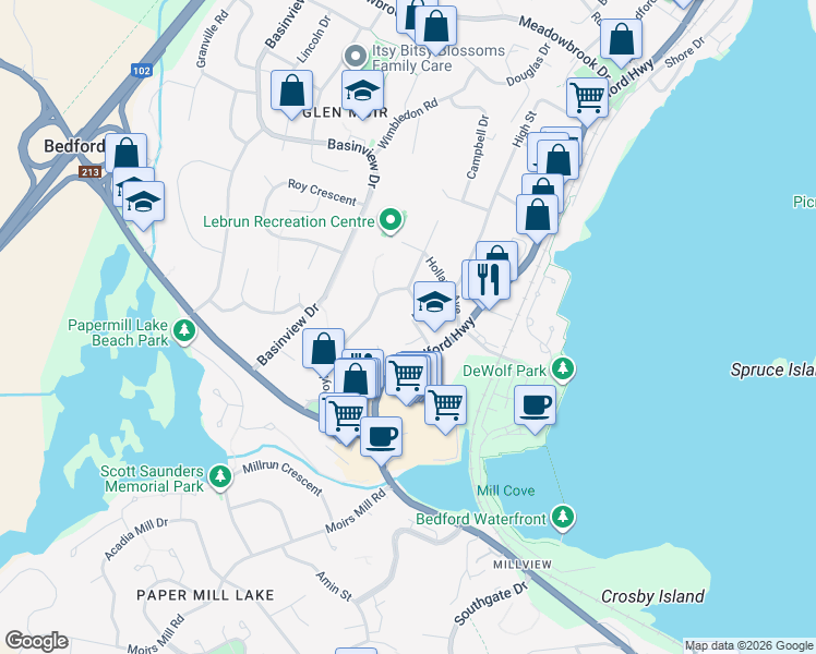 map of restaurants, bars, coffee shops, grocery stores, and more near 28 High Street in Bedford