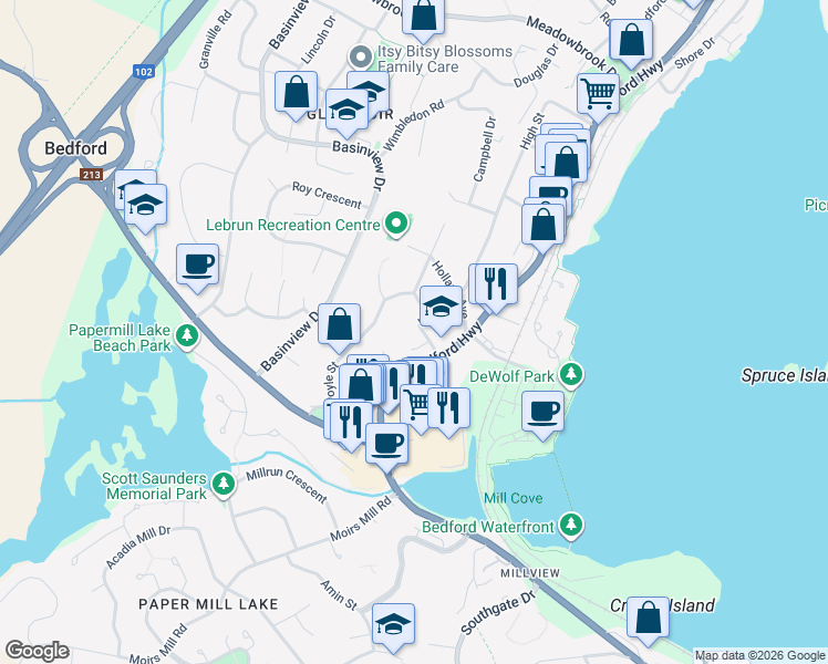 map of restaurants, bars, coffee shops, grocery stores, and more near 28 High Street in Bedford