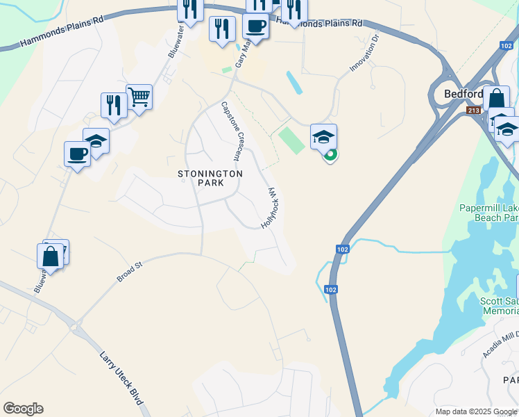 map of restaurants, bars, coffee shops, grocery stores, and more near 41 Royalfern Way in Bedford