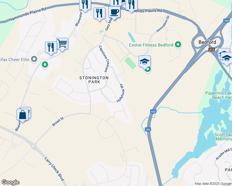 map of restaurants, bars, coffee shops, grocery stores, and more near 41 Royalfern Way in Bedford
