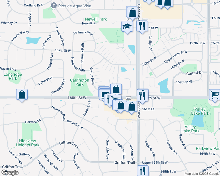 map of restaurants, bars, coffee shops, grocery stores, and more near 15962 Granada Avenue in Apple Valley