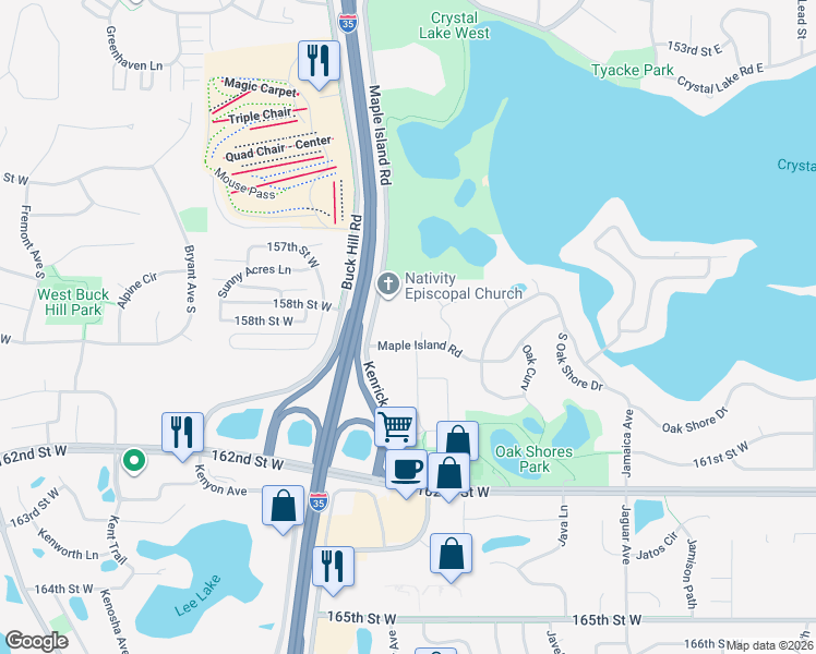map of restaurants, bars, coffee shops, grocery stores, and more near 44 Maple Island Road in Burnsville