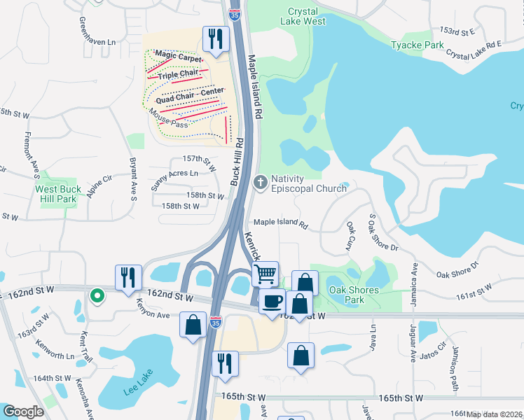 map of restaurants, bars, coffee shops, grocery stores, and more near 44 Maple Island Road in Burnsville