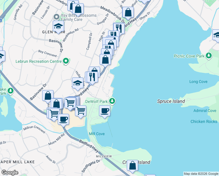 map of restaurants, bars, coffee shops, grocery stores, and more near 16 A Y Jackson Court in Bedford