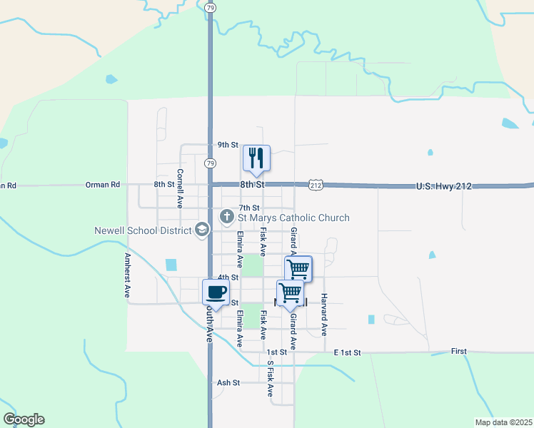 map of restaurants, bars, coffee shops, grocery stores, and more near 114 6th Street in Newell