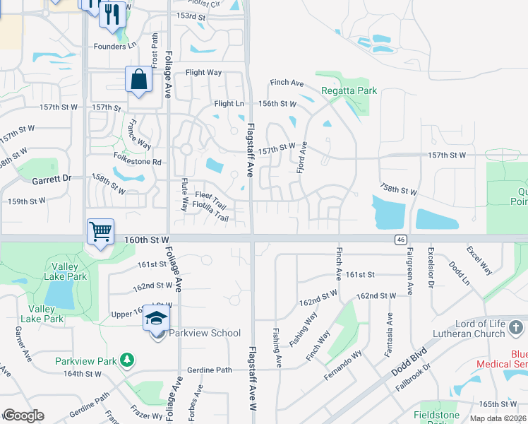 map of restaurants, bars, coffee shops, grocery stores, and more near 6414 158th Street West in Apple Valley
