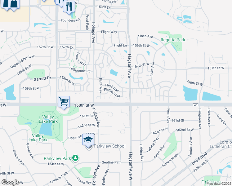 map of restaurants, bars, coffee shops, grocery stores, and more near 15954 Flotilla Trail in Apple Valley
