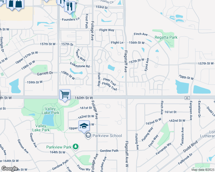 map of restaurants, bars, coffee shops, grocery stores, and more near 15954 Flotilla Trail in Apple Valley