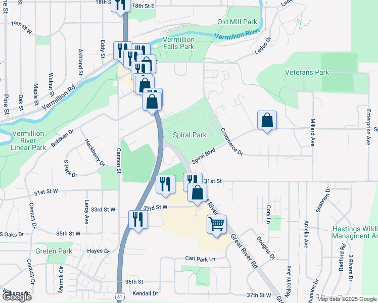 map of restaurants, bars, coffee shops, grocery stores, and more near 2929 Minnesota 316 in Hastings