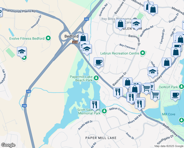 map of restaurants, bars, coffee shops, grocery stores, and more near 2 Lake Drive in Bedford