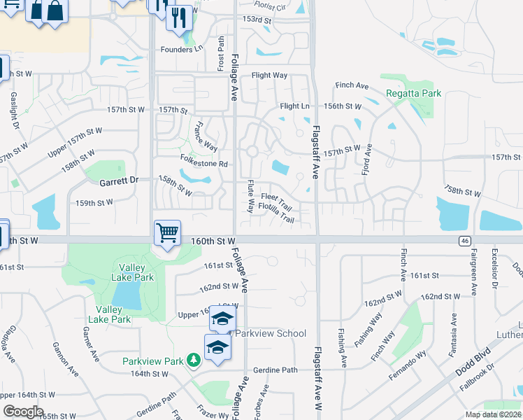 map of restaurants, bars, coffee shops, grocery stores, and more near 15881 Flute Way in Apple Valley