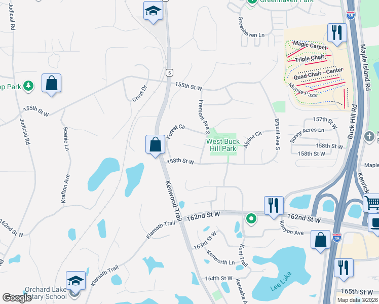 map of restaurants, bars, coffee shops, grocery stores, and more near 23 158th Street West in Burnsville