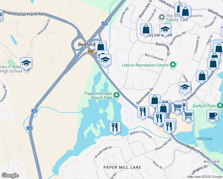 map of restaurants, bars, coffee shops, grocery stores, and more near 2 Rocky Lake Drive in Bedford
