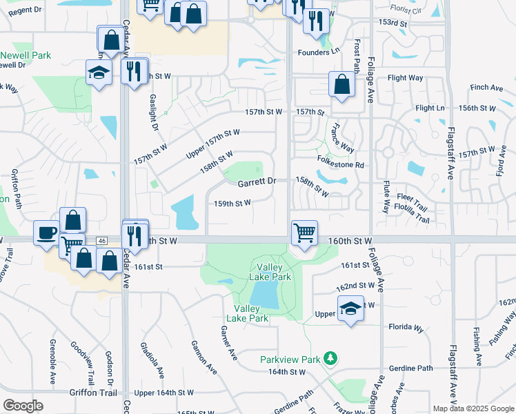 map of restaurants, bars, coffee shops, grocery stores, and more near 7130 159th Street West in Apple Valley