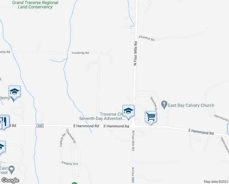 map of restaurants, bars, coffee shops, grocery stores, and more near 1775 Headwaters Drive in Traverse City